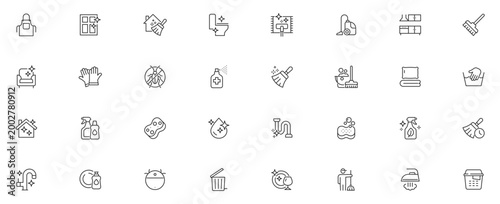 House Cleaning Line Editable Icons set. Vector illustration in modern thin line style of cleaning service related icons: detergents, cleaning equipment, household appliances, and more.