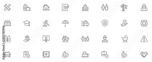 Insurance Line Editable Icons set. Vector illustration in modern thin line style of protection related icons: property, health, life insurances, and more.