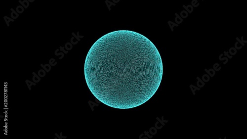 Futuristic animation of a sphere forming from neon blue particles and rotating on a black background in a high-tech style for AI, high technology, and Big Data.