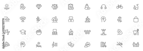 Lifestyle Line Editable Icons set. Vector illustration in modern thin line style of human life related icons: nutrition, entertainment, personal development, daily routine, and more.