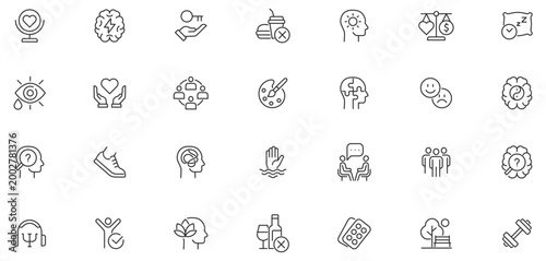 Mental Health Line Editable Icons set. Vector illustration in modern thin line style of medical icons: components of a healthy lifestyle and mental balance.
