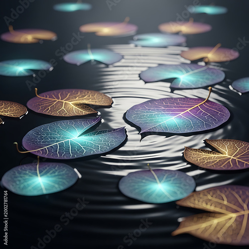 Vibrant Neon Leaves Floating on Rippling Water
