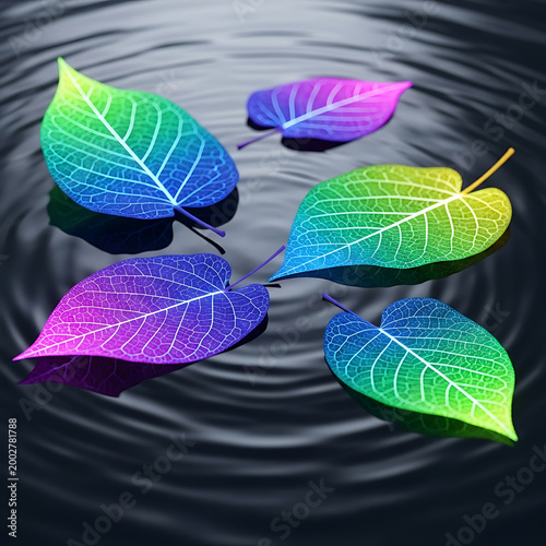 Vibrant Neon Leaves Floating on Rippling Water