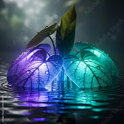 Vibrant Neon Leaves Floating on Rippling Water