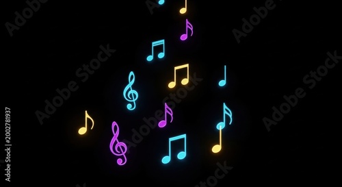 Colorful music notes on black background.