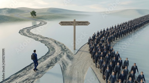 Path of Choices and Crowd Along Snow Covered Road.