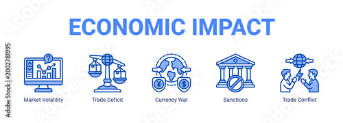 Economic Impact web banner icon concept, with Market Volatility, Trade Deficit, Currency War, Sanctions.