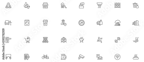 Signs line Editable Icons set. Vector illustration in modern thin line style of facilities related icons: parking, playground, reception, and more.