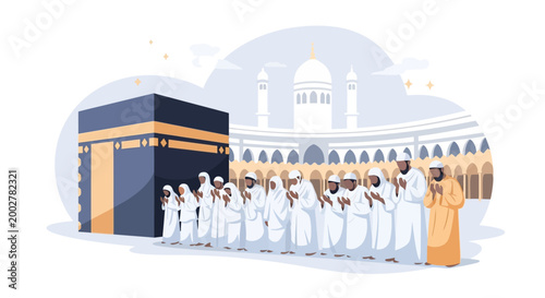 Flat vector illustration depicting a group of pilgrims in white robes walking towards the Kaaba in Mecca during the Hajj pilgrimage, with a muted color palette and against a clean white