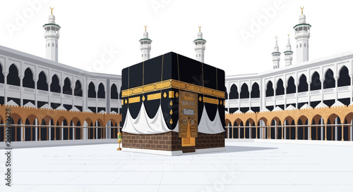 Architectural rendering of the Masjid al-Haram in Mecca depicts the Kaaba, Islam's holiest shrine, during the Hajj pilgrimage, set against a bright white background and rendered
