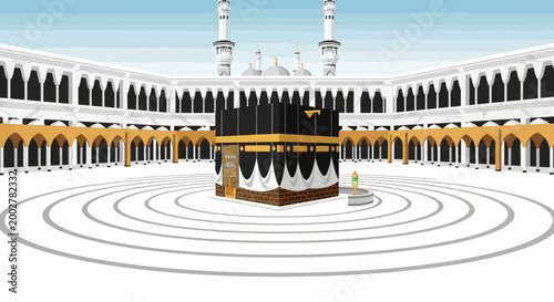 Low-angle perspective showcases the Kaaba at the center of Masjid al-Haram during the Hajj pilgrimage, with white marble circles radiating outwards in a geometric pattern under a clear blue