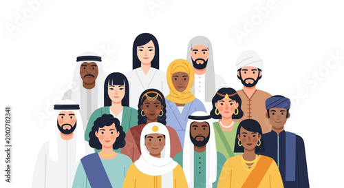 Diverse group of people from around the world, including those observing hajj, stands together against a plain white background in a vector illustration with a focus on cultural