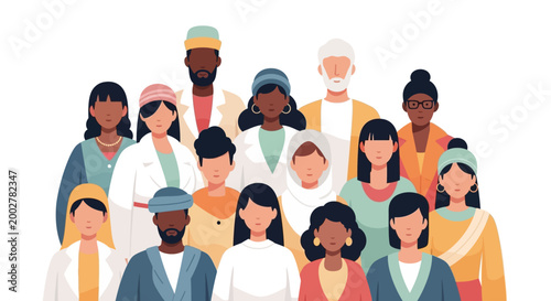 Diverse group of people standing together, dressed in traditional clothing from various cultures, symbolizing unity and cultural diversity with a clean white background, creating a sense