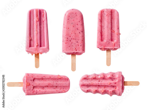 Canvastavla Collection of homemade pink fruit popsicles with drips on wooden sticks, isolated on a transparent background