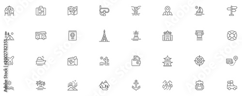 Tourism Line Editable Icons set. Vector illustration in modern thin style of travel related icons: vacation, entertainment, attractions, and more.