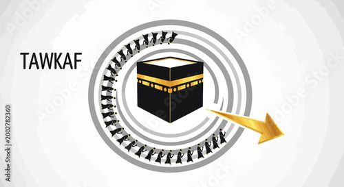 Isometric illustration shows the Tawkaf ritual during the Hajj pilgrimage, with a black Kaaba surrounded by rotating pilgrims and a golden arrow indicating direction, set against a clean