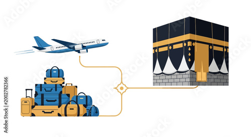 Concept illustration showing the Hajj pilgrimage route with a passenger airplane flying above luggage bags towards the Kaaba in Mecca, presented against a clean white background