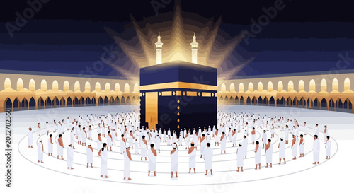 Wide angle shot of pilgrims encircling the Kaaba during the Hajj pilgrimage in Mecca, Saudi Arabia, captured with a digital rendering technique, creating a spiritual and reverent mood