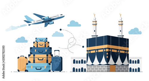 Flat illustration of the Kaaba in Mecca, Saudi Arabia, depicted during the Islamic pilgrimage of Hajj season, with suitcases piled high and a passenger airplane taking off in a bright