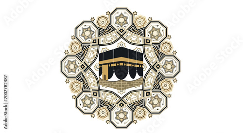Ornamental vector graphic of the Kaaba during the Hajj pilgrimage is presented with intricate geometric patterns, rendered in a flat style against a clean white backdrop, conveying a sense