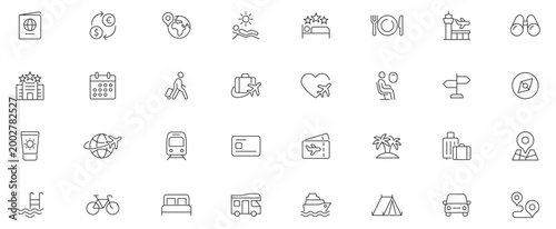 Travel Line Editable Icons set.Vector illustration in modern thin line style of tourism related icons: hotels, types of tourism, tourist transport, locations, etc.