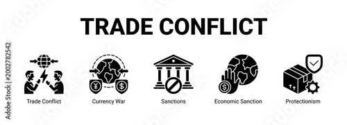 Trade Conflict web banner icon concept, with Trade Conflict, Currency War, Sanctions, Economic.
