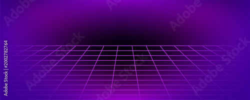 Glowing neon wireframe background. Purple shining checkered grid planes in perspective. Bright retro futuristic horizon wallpaper. Arcade game sci fi matrix surface. Vector backdrop for poster, banner