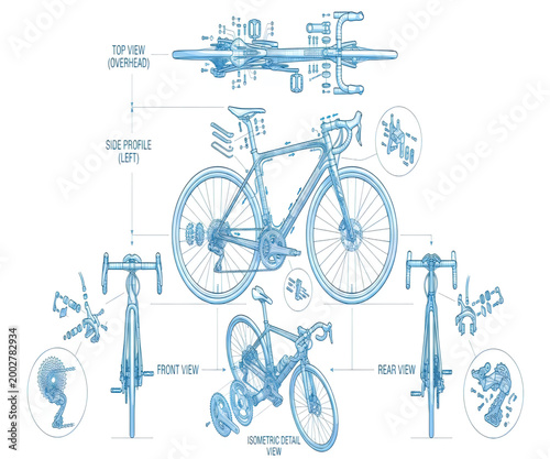 Bicycle technical drawing with multiple views and isometric detail
