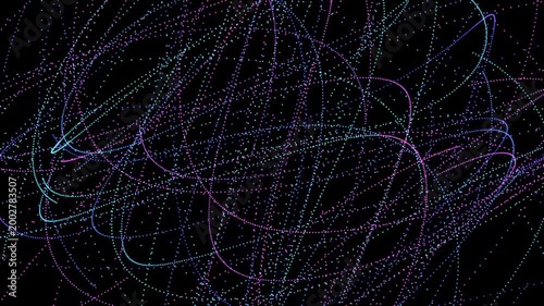 Animated trajectories of glowing neon dots forming chaotic lines on a black background. Purple and blue particles move along curved paths, swirling into a spiral vortex.