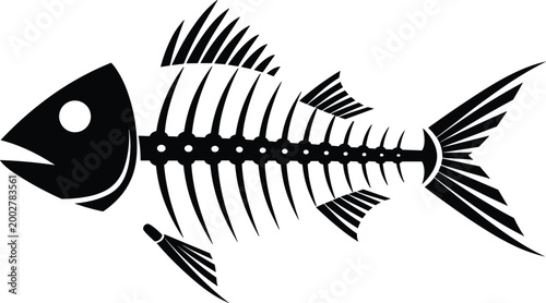 Black fish bone skeleton silhouette illustration isolated on white background for seafood restaurant waste pollution anatomy or dead animal concept