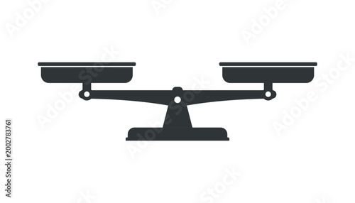 Minimal black balance scale icon representing justice, equality, and measurement. Clean vector illustration isolated on white background, ideal for legal, law, weight, comparison, and equilibrium