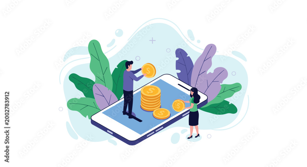 Obraz premium Couple putting golden dollar coins into a large mobile phone screen representing mobile banking and digital savings.