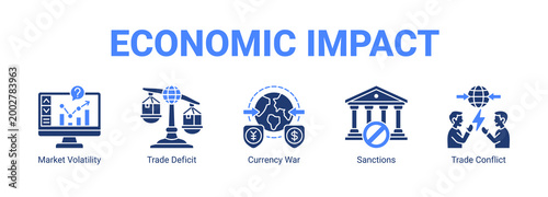 Economic Impact web banner icon concept, with Market Volatility, Trade Deficit, Currency War, Sanctions.