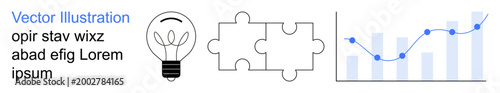 Innovation, problem-solving, business strategy, analytics, teamwork, creative solutions. Light bulb, puzzle pieces upward graph. Innovation and problem-solving illustration promoting creativity