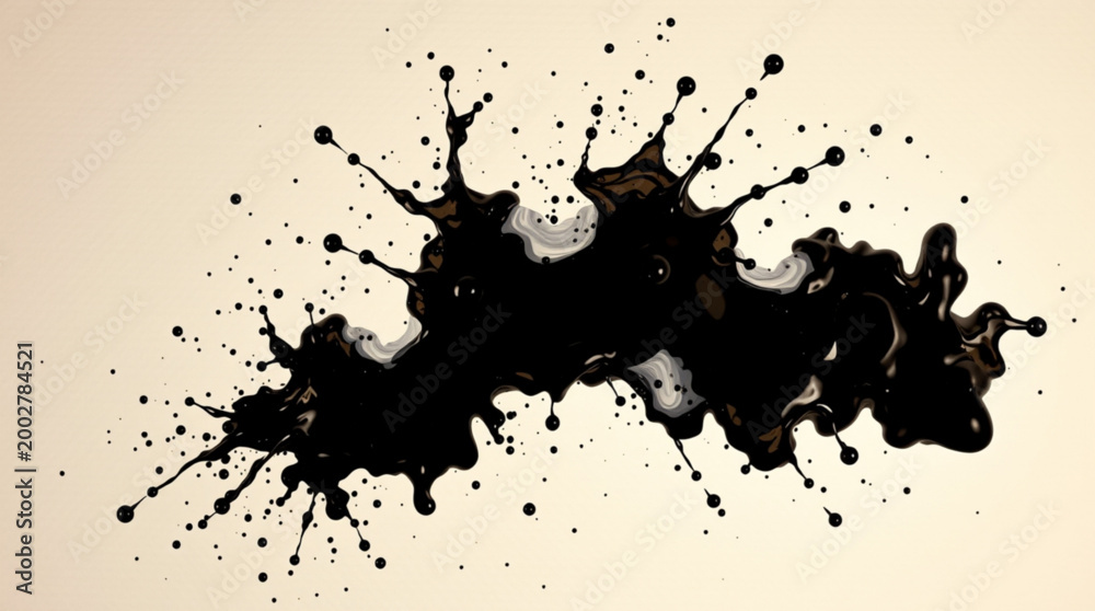 Fototapeta premium Abstract black ink splatter art on tan background with dynamic splash patterns, streams,
