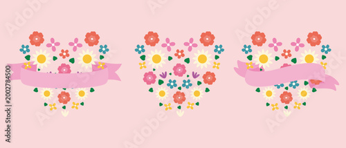 Illustration of a ribbon banner with heart-shaped spring flowers.