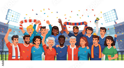 Group Of Sports Fans Celebrating In The Stadium.