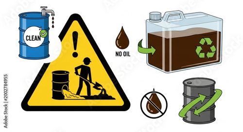 Hazardous waste disposal and recycling symbols illustration.