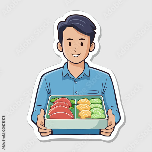 Man holding a bento box with sushi and sashimi