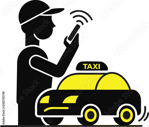 Taxi Driver Using Smartphone with Yellow Cab Icon Illustration