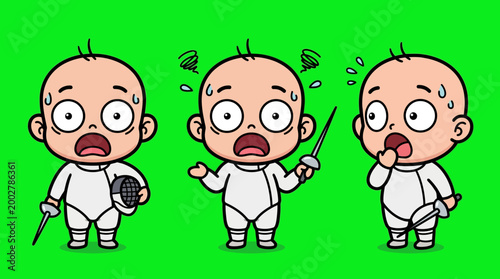 Cartoon Babies Fencing with Swords, Expressing Surprise and Shock on Green Background.
