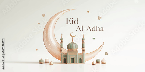 Elegant Eid Al Adha greeting with crescent moon mosque illustration and soft golden accents on a light background