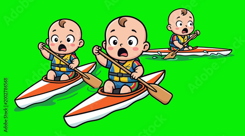 Cartoon Babies Kayaking on a Bright Green Background with Paddles.