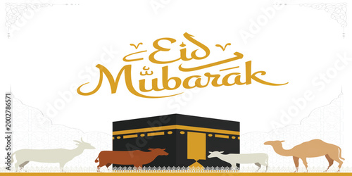 Eid Mubarak celebration with the Holy Kaaba and peaceful animal silhouettes in a warm festive illustration that reflects faith unity and gratitude on this special Islamic occasion