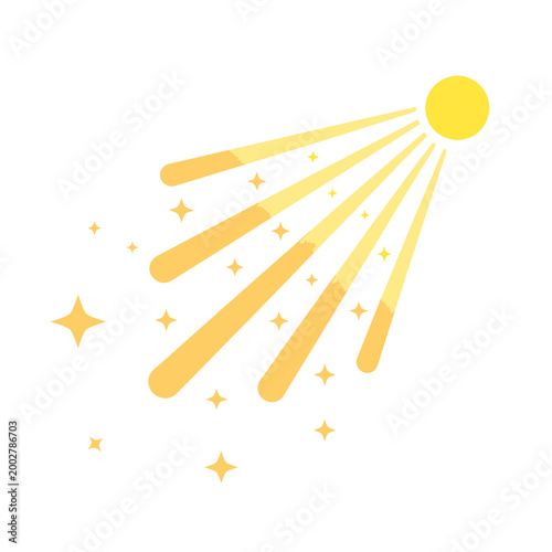 A bright yellow sun icon with radiating light beams and sparkling stars