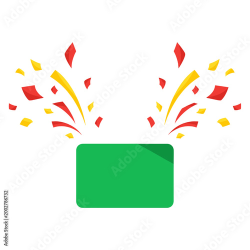 A green rectangular banner with colorful confetti exploding upwards for celebration