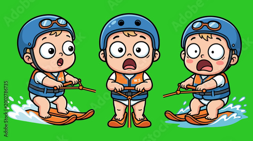 Cartoon Babies Water Skiing with Life Jackets and Helmets.