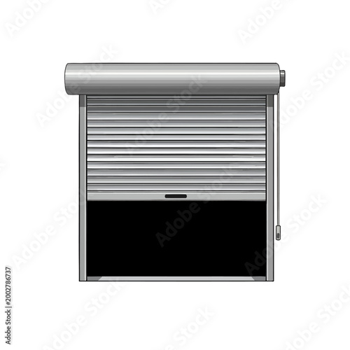 A metallic rolling shutter door is partially open against a plain white background