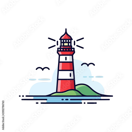 A colorful illustration of a tall lighthouse standing on a small grassy island