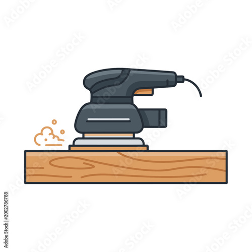 A professional electric sander tool smoothing a piece of natural wooden board